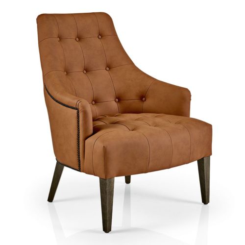 front view of hanna lounge armchair with studding, buttoned back and quilted seat