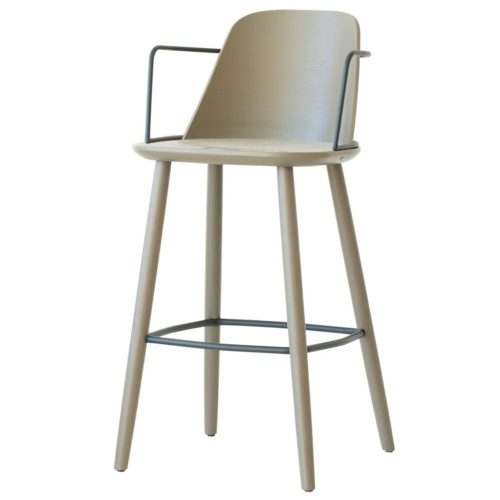 bar stool with wooden seat and metal arms. Part of the contract furniture range