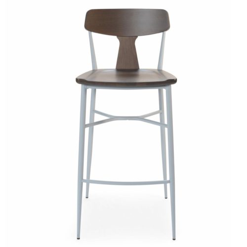 Main view of the Naika 2 bar stool with wooden seat and back rest