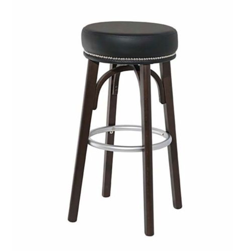 round seat bar stool with wooden legs and chrome or brass footrest