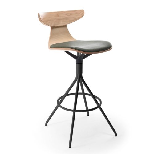 MAIN VIEW OF ROMY BAR STOOL WITH METAL BASE, UPHOLSTERED SEAT AND WOODEN BACK REST